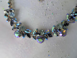 LOVELY Mid Century Necklace,Sparkling Faceted Crystal Glass Stones,Blues,Ab Stones,Intricate Silver Tone Metal, Collectible Vintage Jewelry