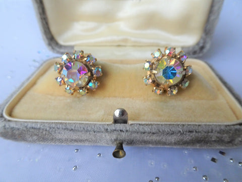 DAZZLING Art Glass Earrings,Mirror Like Sparkling Aurora Borealis Rhinestones, Screw Back Earrings,Mid Century,Collectible Vintage Jewelry