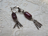 UNIQUE Antique Earrings, Deep Cherry Amber Red Glass and Silver Tone Metal Drop Earrings, Screw Back Earrings, Collectible Vintage Earrings