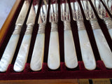 LOVELY Antique Mother of Pearl Flatware Cased Set,Forks Knives,Cased Set of 24 English Sterling Silver Lustrous Pearl Handles,Vintage Silver