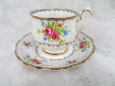 ROMANTIC Vintage Tea Cup and Saucer,Petit Point,Royal Albert,English Bone China,Bridal Showers,Hostess Gift,Tea Parties,Collectible Teacups