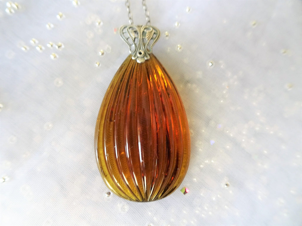 LOVELY Art Deco Czech Glass Pendant,1920s Necklace Amber Glass and Sterling Silver,Eye Catching Design, Collectible Vintage Jewelry