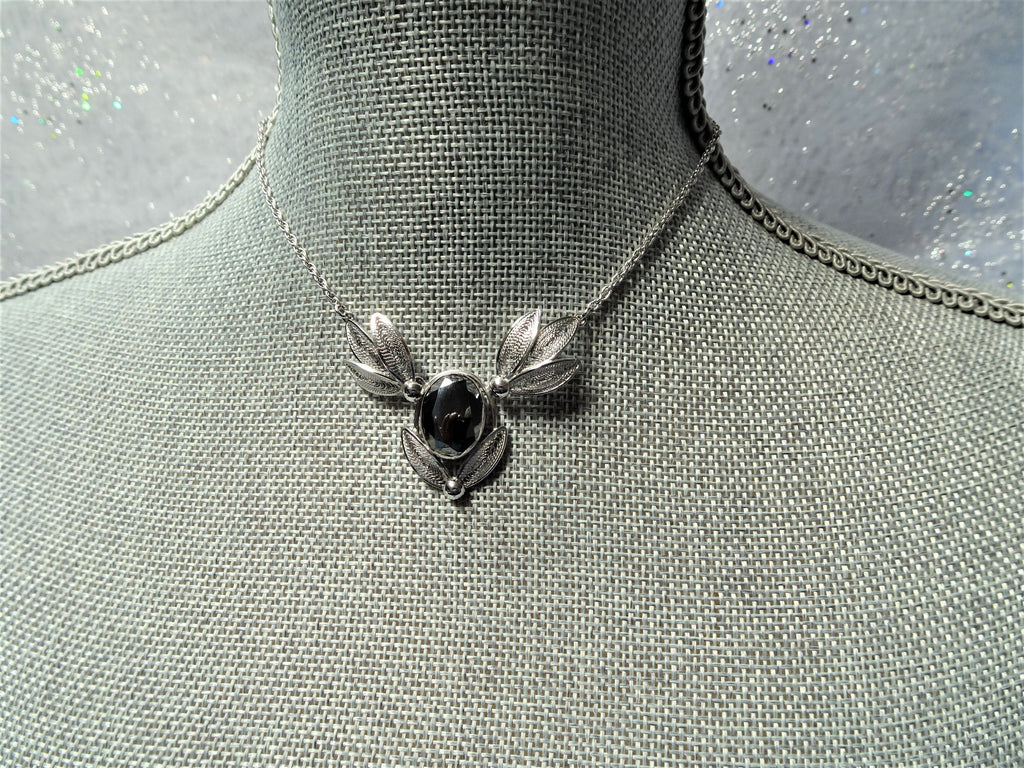 1950s BEAUTIFUL Necklace, Large Black Alaskan Diamond Hematite Stone ,Sterling Silver Filigree, Signed Carl-Art, Mid Century Vintage Jewelry