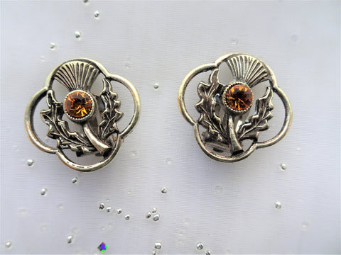 BEAUTIFUL Vintage Scottish Earrings,Thistles with Citrine,Set In Sterling Silver, Clip On Earrings, OutLander, Collectible Vintage Jewelry