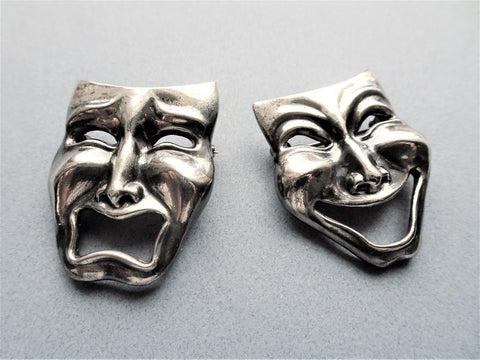 ART DECO Silver Theatre Mask Pins,Comedy Tragedy Mask brooches,Drama Mask Pins,Tragedy Comedy Pins,Collectible Vintage Jewelry