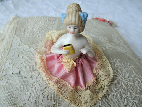 LOVELY Half Doll, Pin Cushion Doll, German Made, Reading Book Half Doll, Art Deco Doll, Vanity Display,Collectible Vintage Pin Cushion Dolls