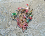 CHARMING Vintage Large Pot Metal and Enamel Brooch, Exotic Bird and Flowers Pin, Lovely Colors, Original Card, Collectible Jewelry