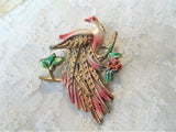 CHARMING Vintage Large Pot Metal and Enamel Brooch, Exotic Bird and Flowers Pin, Lovely Colors, Original Card, Collectible Jewelry