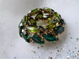 STUNNING Mid Century Art Glass Brooch,Sparkling Emerald Green, Olive Green Crystal Rhinestones, Dazzling Design,Collectible Vintage Jewelry