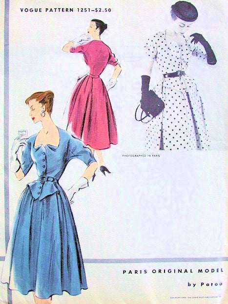 ELEGANT 1950s Vogue Paris Original Model 1251 Vintage Sewing Pattern Patou Design DressUunique Neckline Collectible Vintage Vogue Pattern