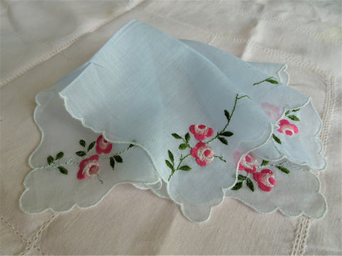 BEAUTIFUL Vintage Handkerchief,Blue Hanky Fine Workmanship Hankie, Hand Embroidery, Pink Roses,Bridal Hanky,Collectible Vintage Hankies