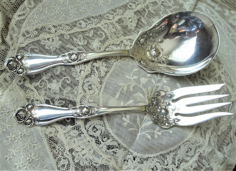 Gorgeous Antique Silver Serving Set, AMERICAN BEAUTY ROSE 1909 by 1847 Rogers Bros, Salad Servers or Large Berry Spoon and Fork,Collectible