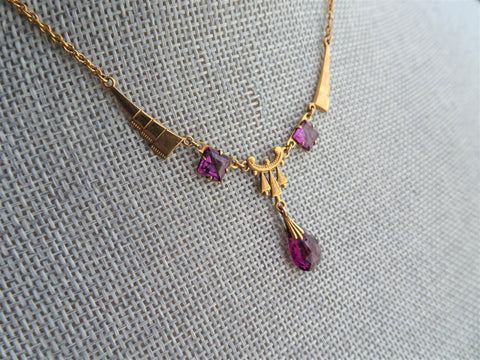 BEAUTIFUL Art Deco Necklace, Amethyst Color Glass Stones, Gold Tone Setting, Antique 1920s German Necklace, Collectible Vintage Jewelry