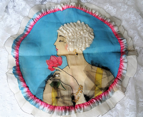 UNIQUE Art Deco Boudoir Cushion Cover, Applied Lace Jewelry,Hand Embroidered,Silk Ribbon Trim,Organdy Cotton,French Decor,Flapper Era Linens