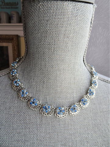 LOVELY Mid Century Necklace,Sparkling Faceted Blue Crystal Glass Stones,Silver Tone Metal,Bridal Jewelry,Collectible Vintage Jewelry