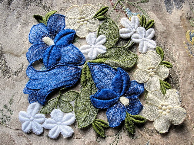 LOVELY Intricate Heavily Embroidered Vintage APPLIQUE Blue Yellow White Flowers Corsage Large Trim Hats,Wedding Bridal, Flapper Clothing Etc