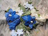 LOVELY Intricate Heavily Embroidered Vintage APPLIQUE Blue Yellow White Flowers Corsage Large Trim Hats,Wedding Bridal, Flapper Clothing Etc