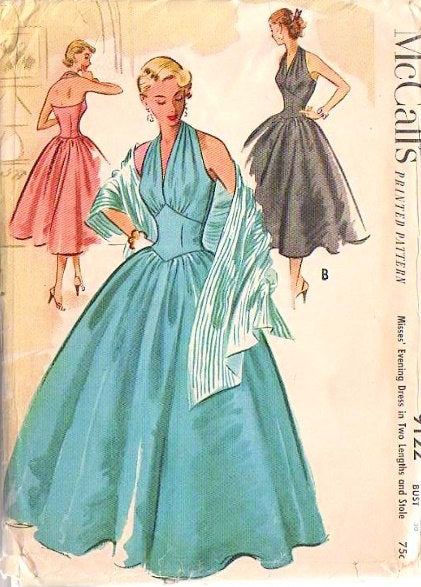 50s GLAM Vintage McCalls 9122 Pattern Rockabilly Basque Midriff Halter  Ball Gown, Marilyn Monroe Style Cocktail Party Dress and Stole