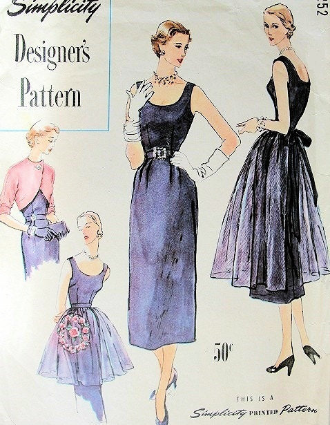 50s Vintage SIMPLICITY DESIGNERS 8252 Pattern  Slim Evening Cocktail Desss Bolero Jacket Long and Short Evening Apron Beautiful Party Dress
