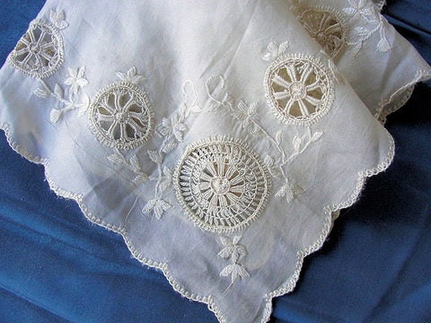 BEAUTIFUL Antique French Embroidered Silk Handkerchief Hanky Lots of Handwork Needle Lace Special Bridal Wedding Hankie, Collectible Hankies