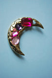 80s Crescent Moon Brooch Retro Pink Jewels