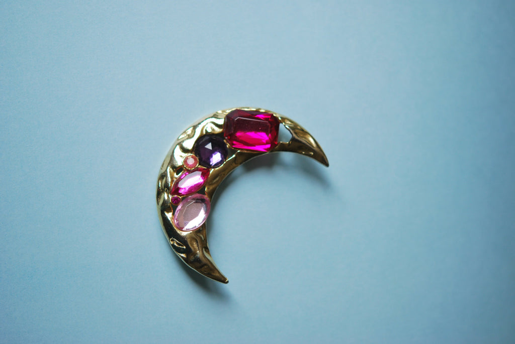 80s Crescent Moon Brooch Retro Pink Jewels