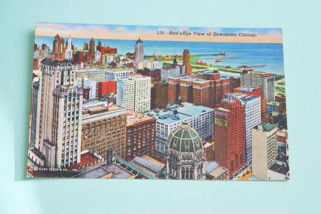 Art Deco Curt Teich Linen Postcard Birds Eye View Downtown Chicago Great To Frame