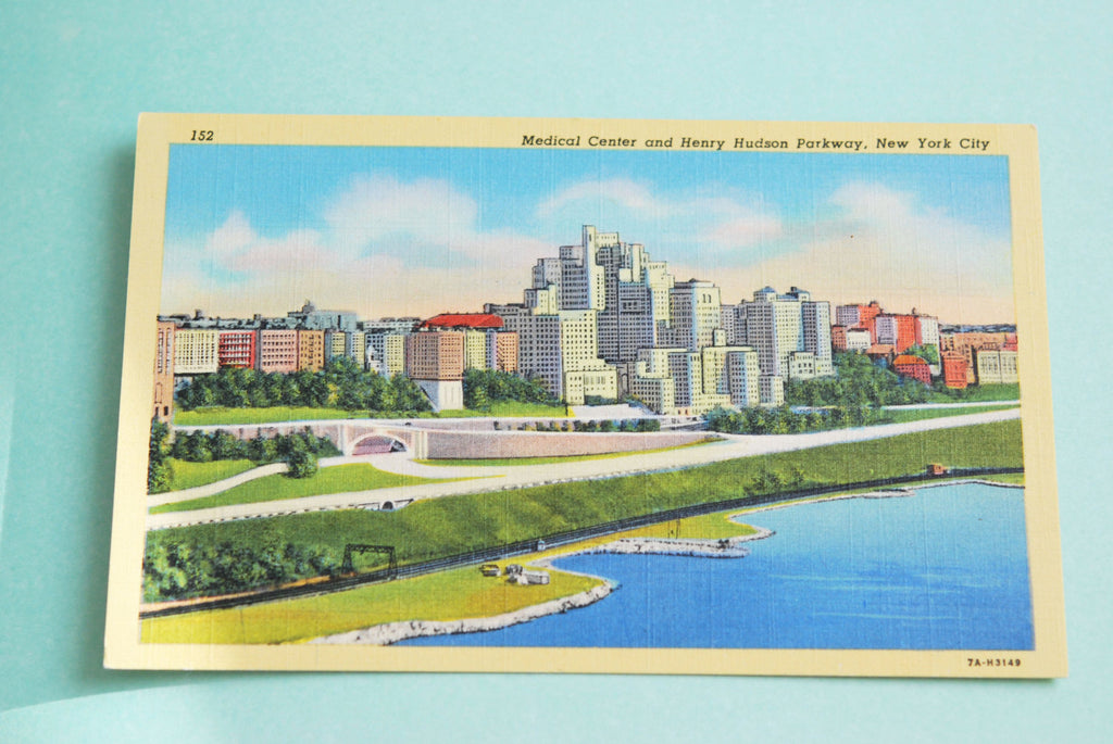 Vintage NYC Linen Postcard Medical Center Henry Hudson Parkway Colorful Deco Card  New York