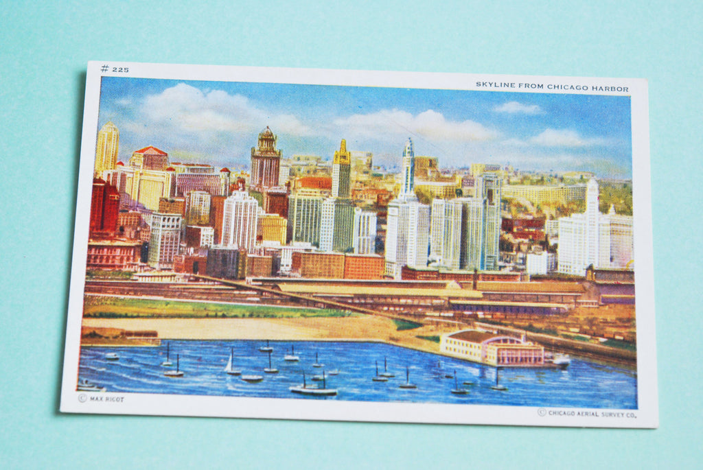 Vintage Colorful Deco Chicago Skyline Linen Postcard Great To Frame