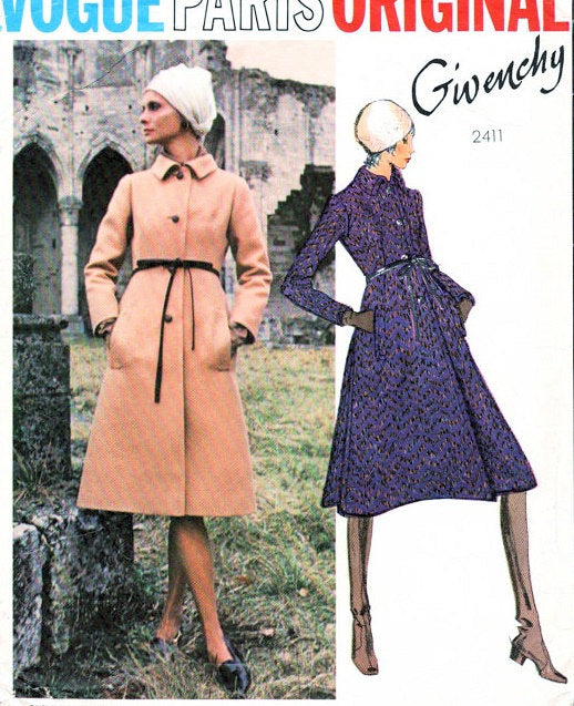 70s GIVENCHY Coat Pattern Vogue Paris Original 2411 Stunning Design A Line Side Bk Inverted Pleats B 34 Vintage Sewing Pattern
