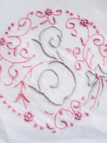 BREATHTAKING Vintage Madeira Monogram HANDKERCHIEF Beautiful Hand Embroidered Linen Hankie Exquisite Raised Grey Pink Embroidery For A Bride