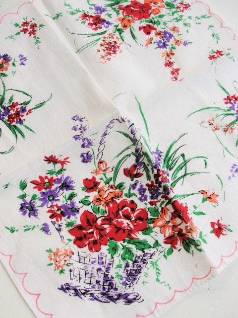 50s VINTAGE Printed Floral Basket Bouquet Hanky Colorful Flowers Handkerchief To Frame Collectible Hankies Shabby Chic Hankies To Collect