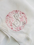 BREATHTAKING Vintage Madeira Monogram HANDKERCHIEF Beautiful Hand Embroidered Linen Hankie Exquisite Raised Grey Pink Embroidery For A Bride
