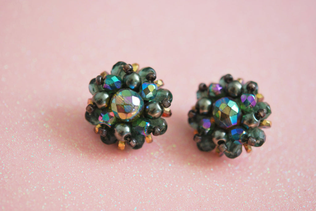 Vintage Iridescent cluster earrings clip ons