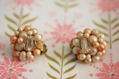 Vintage Baby Pinks Faux Pearls and Crystal With Aged Gold CLIP ON Earrings Perfect For Bride Wedding Vintage Costume Jewelry