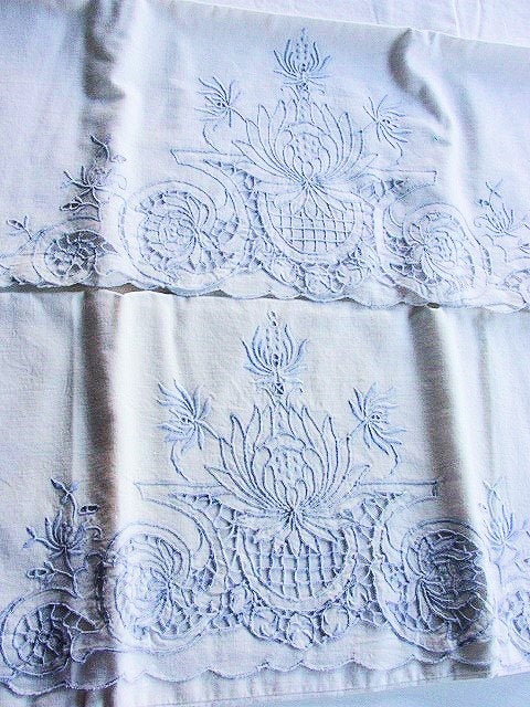 MADEIRA Vintage Pair of  Cutwork Fancy Cotton PILLOWCASES Baby Blue Embroidery Scrolling Flowers Cottage Chic Romantic Decor Bridal Gift