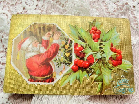 LOVELY Antique Christmas Greeting Postcard JOLLY SANTA Claus Saint Nick Embossed Hollyberry Decorative Holiday Decor Vintage Holiday Card