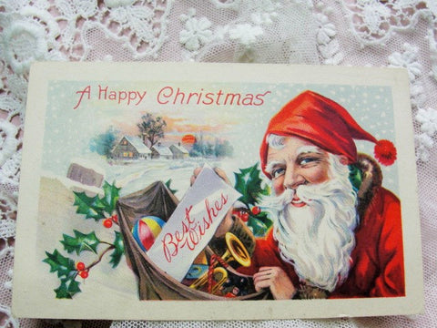 ANTIQUE Christmas Greeting Postcard HAPPY SANTA Claus Saint Nick Toys Snow Hollyberry Highly Decorative Holiday Decor Vintage Holiday Card