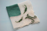 Gorgeous Vintage  Handkerchief Fancy Wide Lace Monogram M Beautiful Hankie Fine Green Linen Hanky Collect or Give As Gift