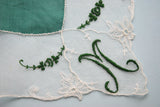 Gorgeous Vintage  Handkerchief Fancy Wide Lace Monogram M Beautiful Hankie Fine Green Linen Hanky Collect or Give As Gift