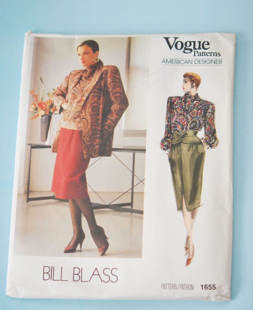 Vintage 80s Vogue American Designer 1655 Pattern Bill Blass Avant Garde Suit,Jacket, Skirt, Blouse and Scarf Sewing Pattern UNCUT