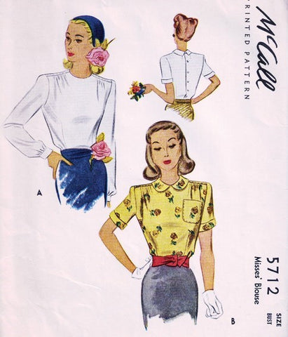 40s STYLISH Blouse Pattern McCALL 5712 Two Style Versions Bust 32 Vintage Sewing Pattern
