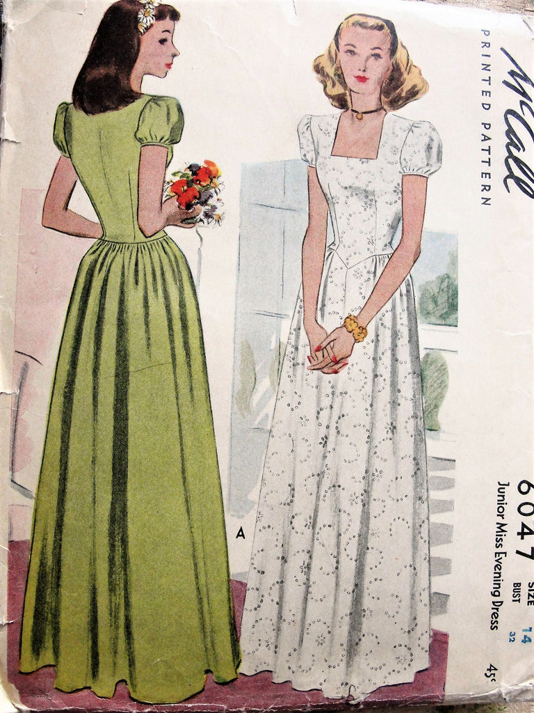 40s LOVELY Prom or Evening Dress Pattern McCALL 6047 Square Neckline,Puff Sleeves Big Band Era Forties Gown Bust 32 Vintage Sewing Pattern