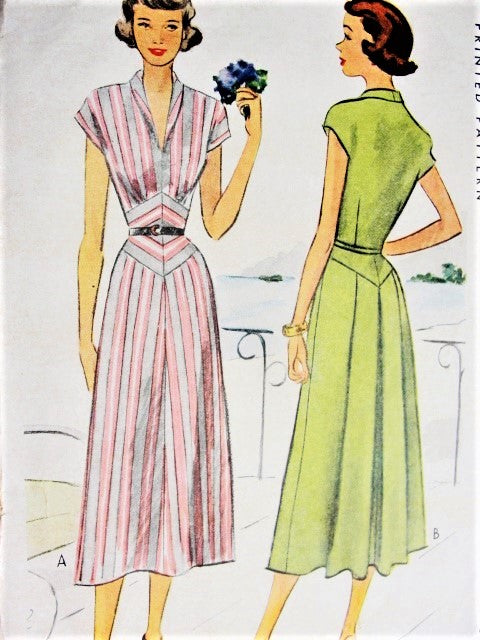 40s STRIKING Dress Pattern McCALL 7574 Eye Catching Diamond Midriff Inset Back Pleated Flattering Design Bust 33 Vintage Sewing Pattern UNCUT