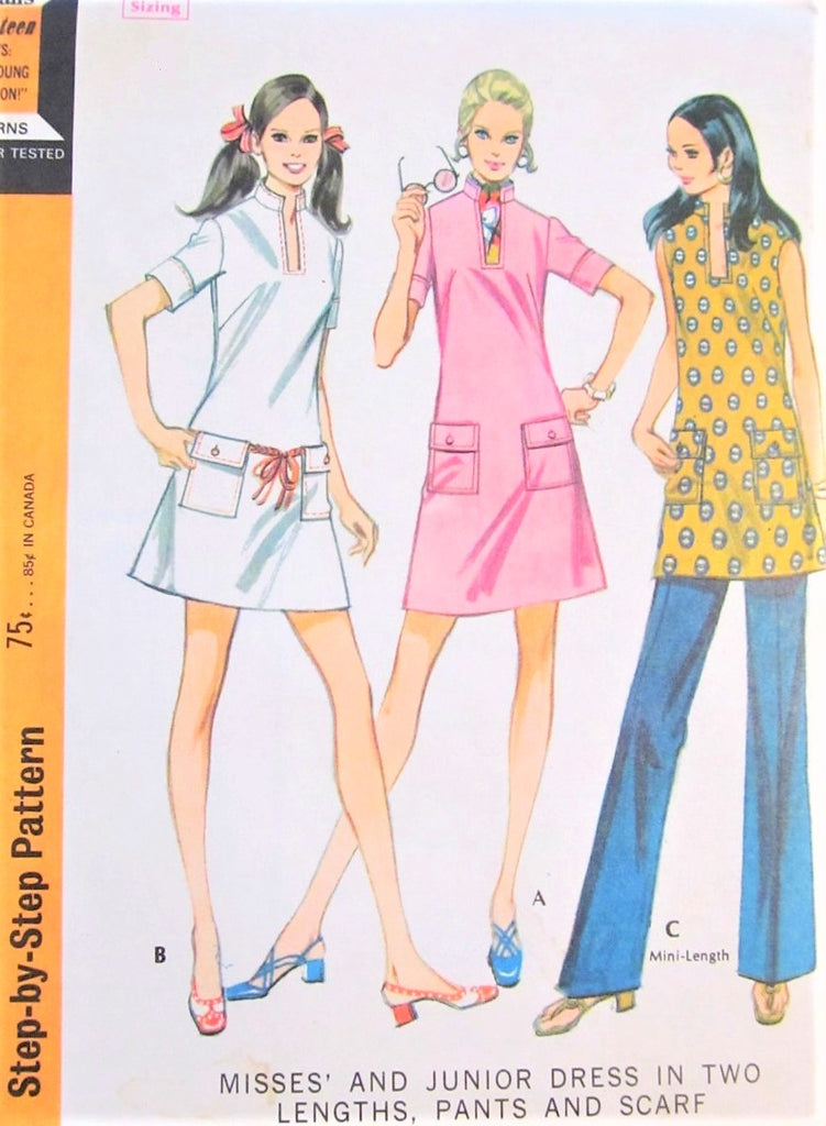 1960s UNIQUE Mod A Line Dress, Trousers and Scarf Pattern McCALLS 2245 Bust 32 Vintage Sewing Pattern FACTORY FOLDED