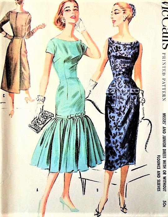 50s LOVELY Cocktail Party Dress Pattern McCALLS 3768 Two Styles Slim Sheath Dress With Back Panel or Flirty Mermaid Flounce Bust 32 Vintage Sewing Pattern FACTORY FOLDED