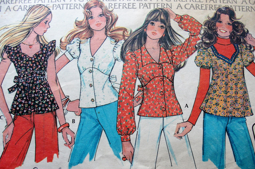 CUTE 70s Front Button Blouse Pattern McCALLS 3838 Four Sweet Tops,Boho Style,Really Pretty Designs,Bust 34 Vintage Sewing Pattern