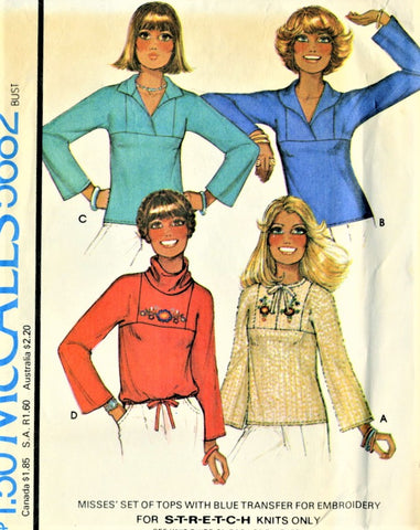 RETRO 70s McCalls 5682 Misses Boho Pullover Summer Tops Blouse Sewing Pattern + Embroidery Transfer Size Petite UNCUT