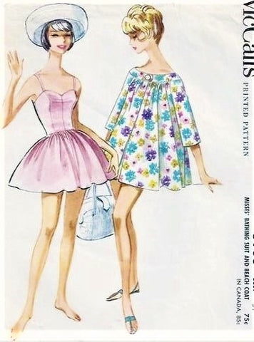 FAB 1960s Bathing Suit Beach Wear Pattern McCALLS 5906 Sweetheart Swim Suit Playsuit and Beach Coat Cover Up Bust 32 Vintage Sewing Pattern