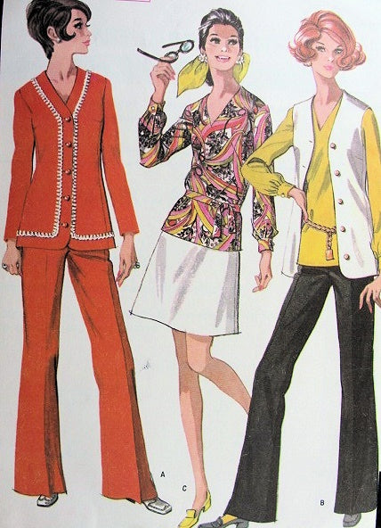 1960s Mod Jacket Vest Bell Bottom Pants Pants Suit Skirt V Neck Blouse Pattern McCalls 9586 Great Travel Wardrobe Bust 32 Vintage Sewing Pattern